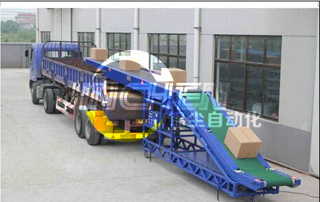 皮帶輸送機在往貨車(chē)上輸送紙箱